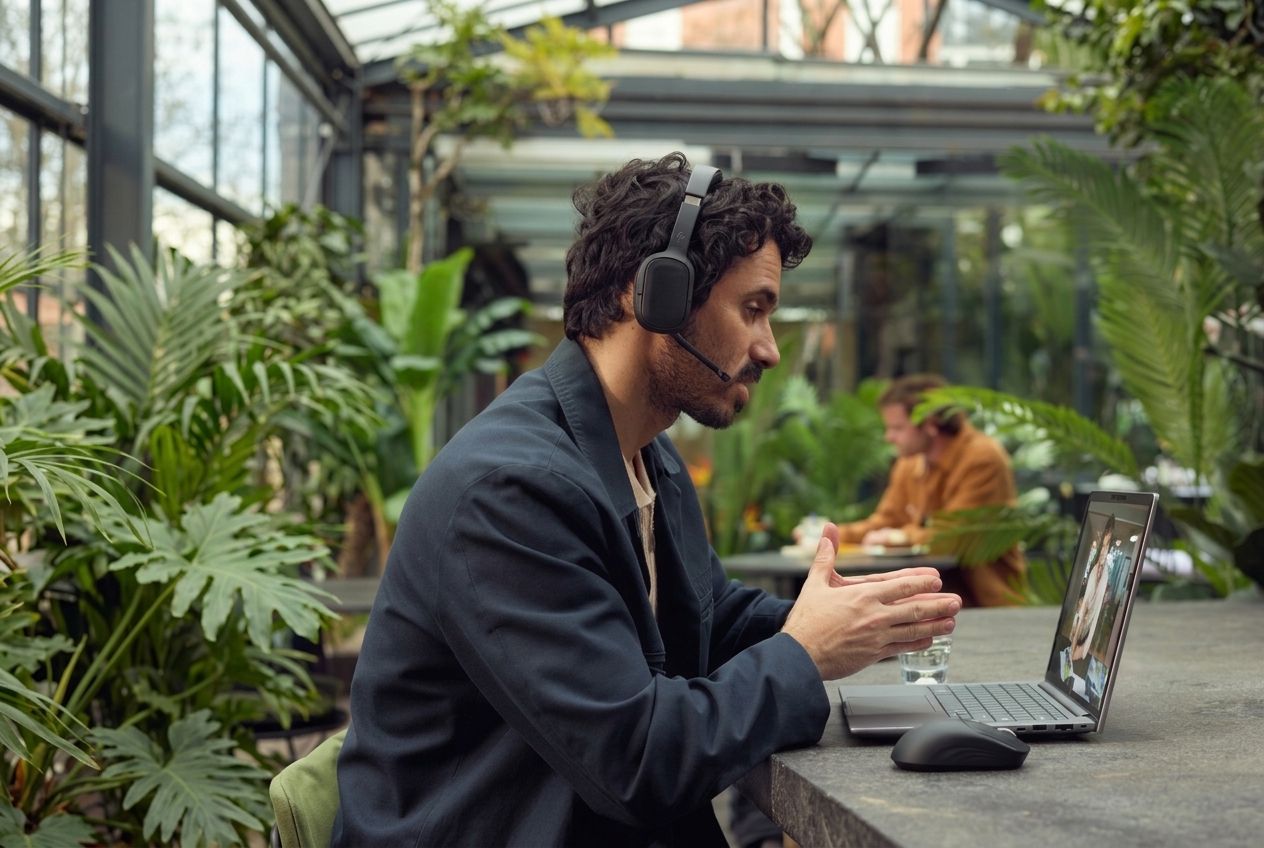 Professional on a video call wearing an HP Poly headset